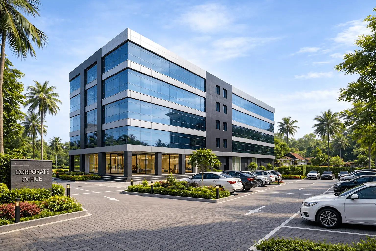 ACP glass glazing and cladding work for a commercial building in Coimbatore