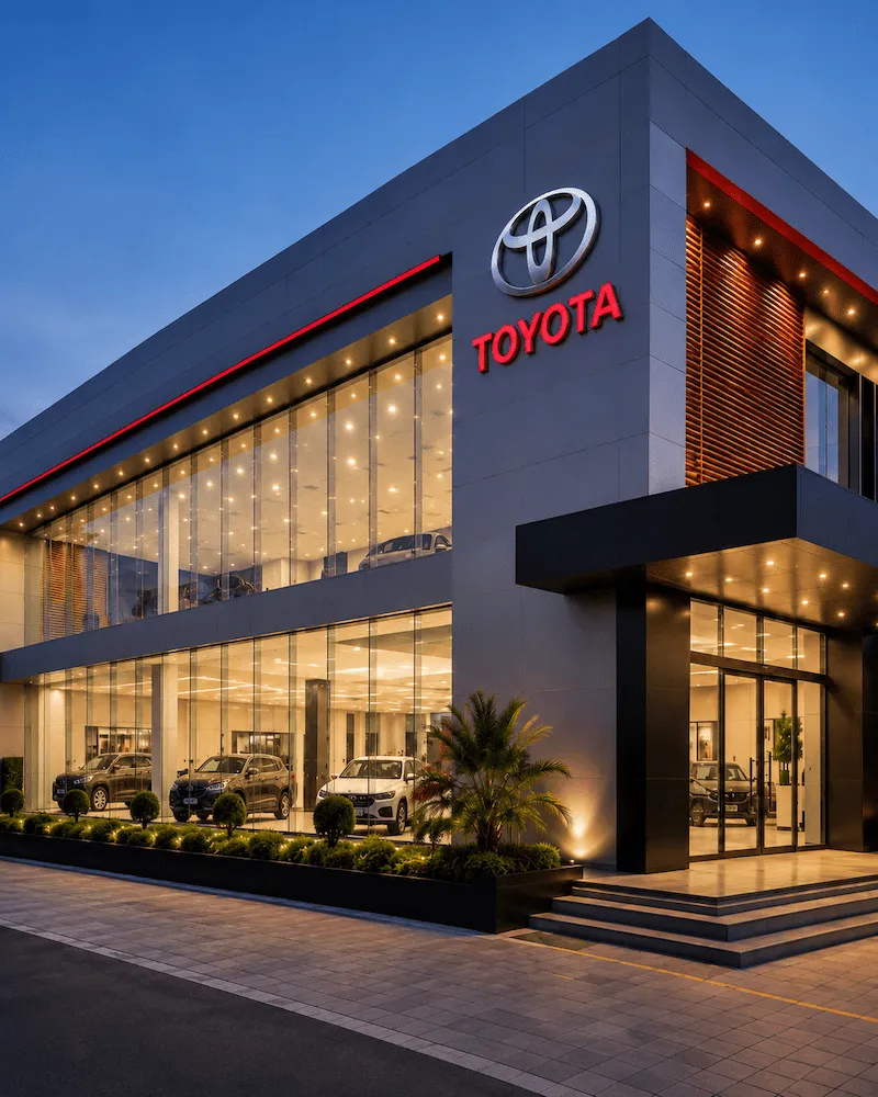 Automobile showroom exterior with ACP cladding and glass facade