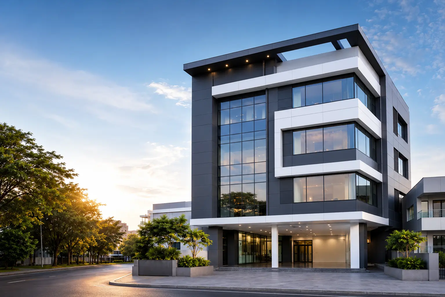 Modern commercial building featuring ACP facade, exterior elevation and structural glazing in nagercoil
