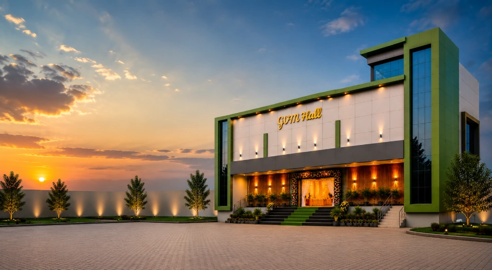 Green ACP cladding glass glazing facade GVM Hall Rajapalayam